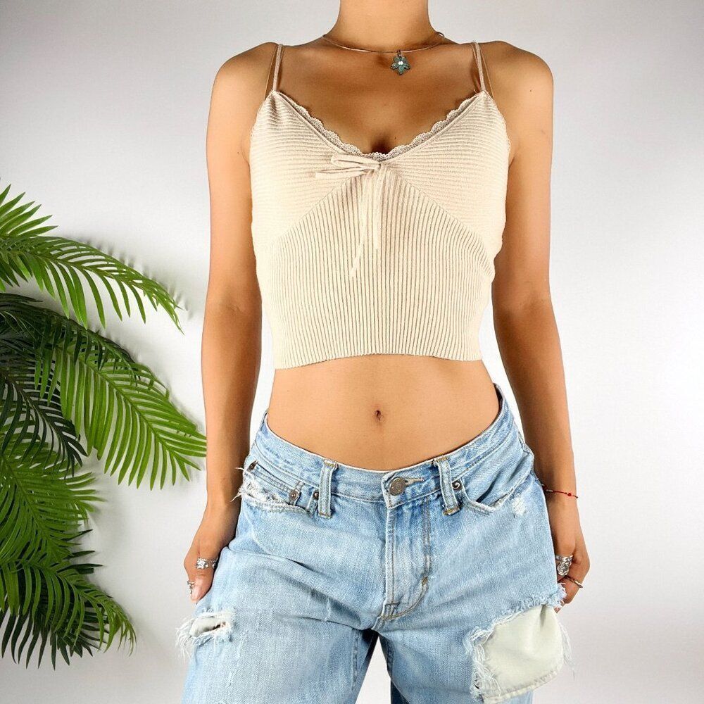 L.A. Hearts Beige Cottagecore Coquette Ribbed Lace Trim Cami Crop Top / XS